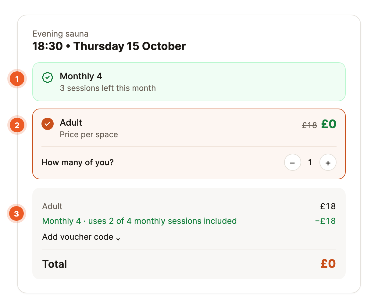 A session page for a signed-in member: a green membership card saying 3 sessions left this month, an Adult ticket at £0 with £18 crossed out, and a summary line using a free session