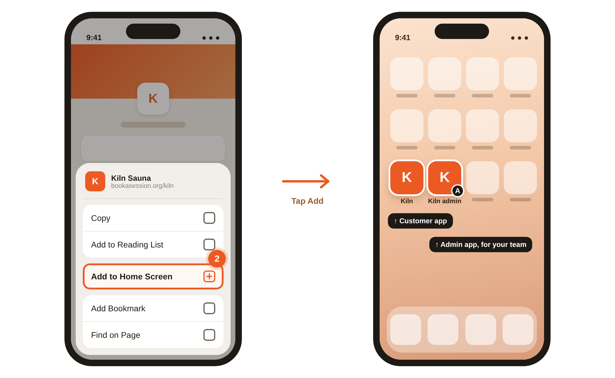 A phone home screen with two installed Session apps: the venue's customer booking app and the badged admin app, beside the Add to Home Screen option in the Share menu