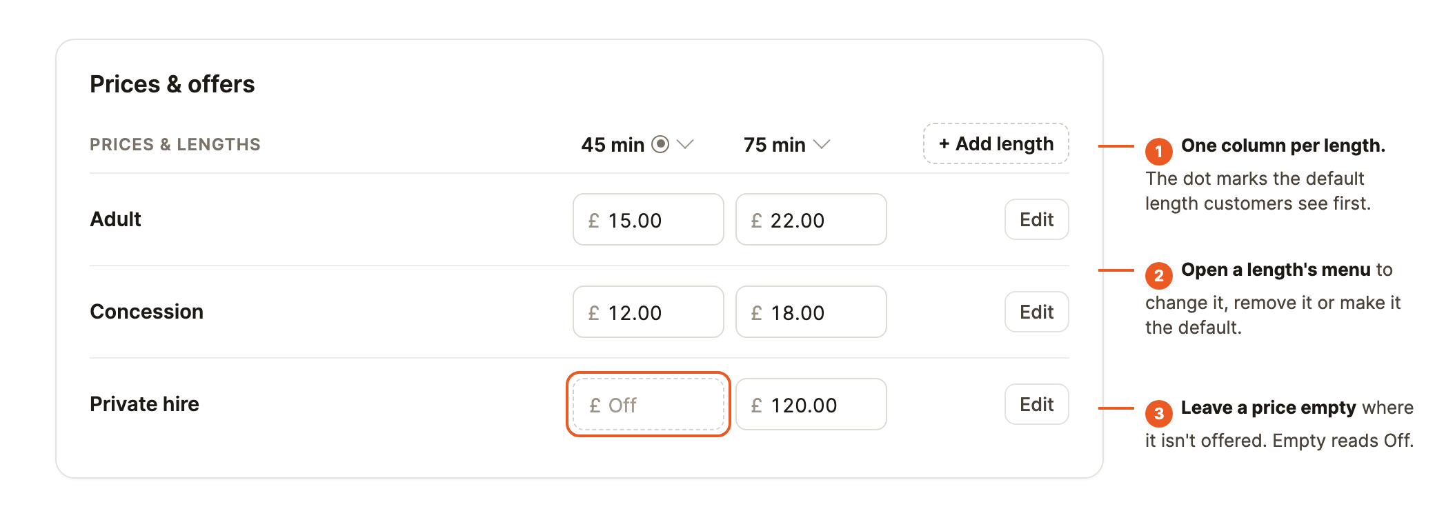 The Prices & lengths grid with columns for 45 and 75 minutes, Add length beside them, and prices for Adult, Concession and Private hire, where the 45-minute private hire price is empty and reads Off