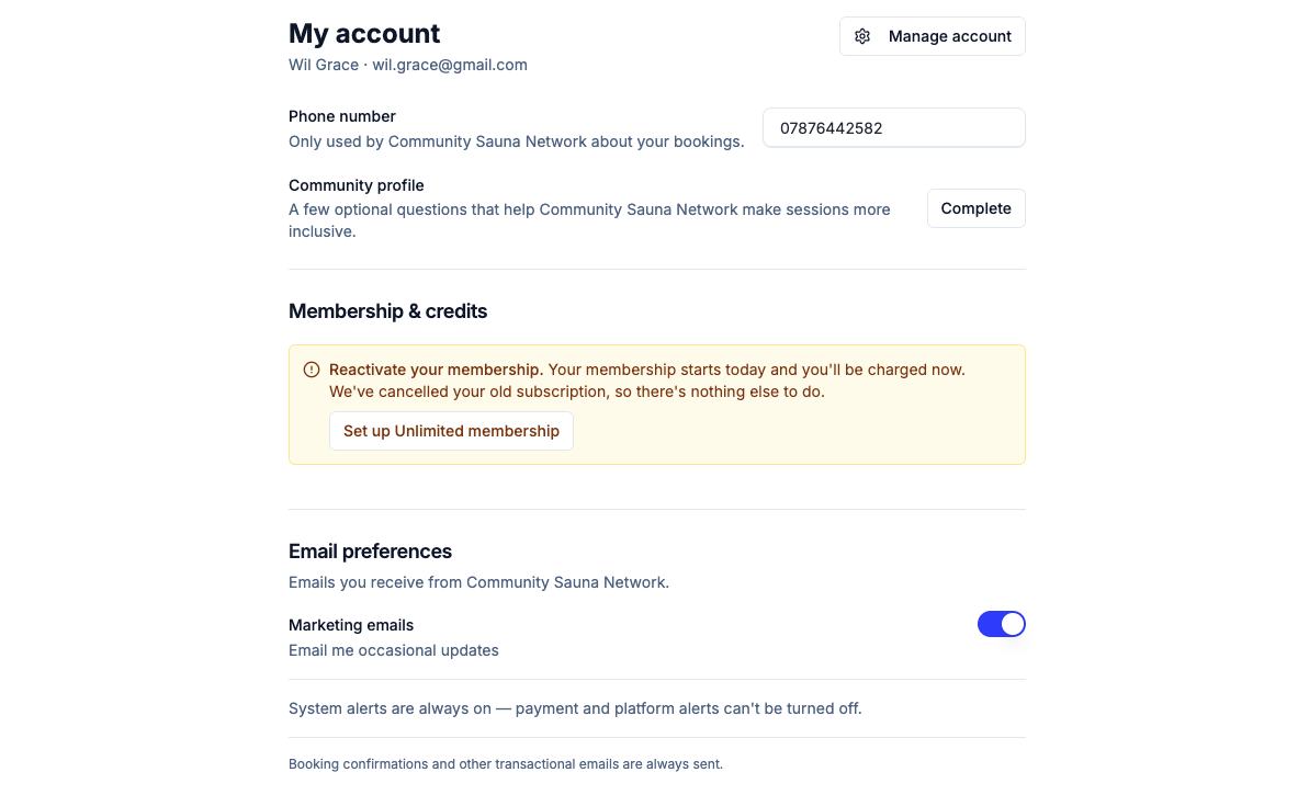 The customer account page showing the My account section with phone number and the Email preferences section with a Marketing emails toggle