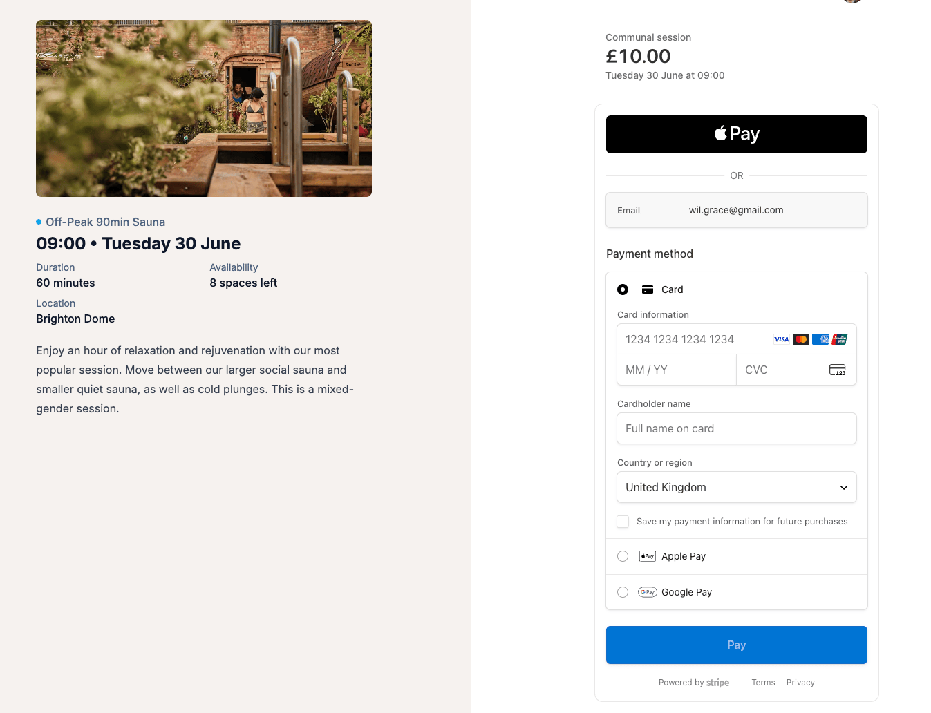 A Session checkout page showing the card form with Apple Pay and Google Pay buttons above it