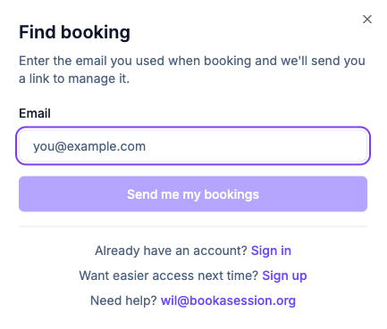 The Find booking lookup form on a booking page, asking the customer for their email address.
