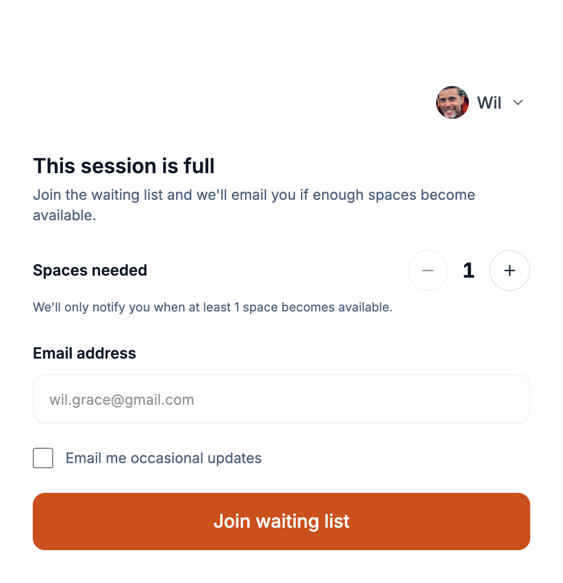 The booking page for a full session, showing the 'This session is full' heading with a spaces-needed stepper and a Join waiting list button.