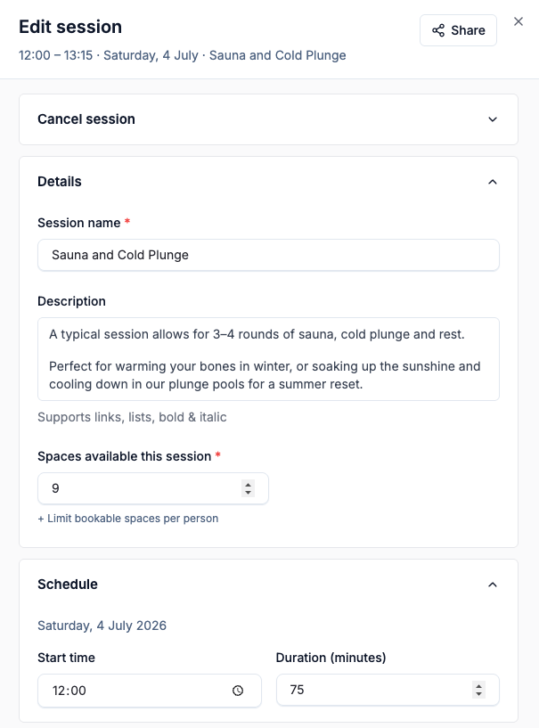 The Edit session panel for one occurrence, showing Details, Schedule, Prices, and Messages sections