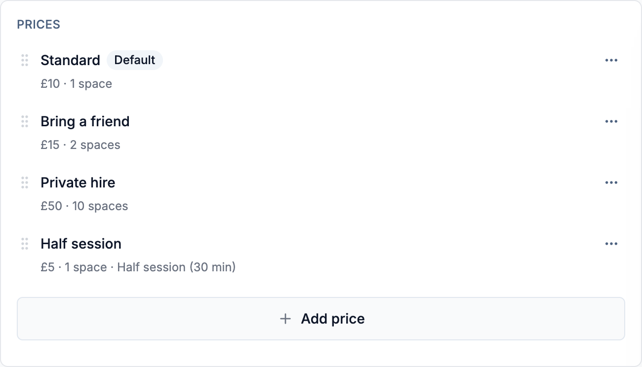 The Prices panel inside the session editor, listing several price options with their rate and spaces used