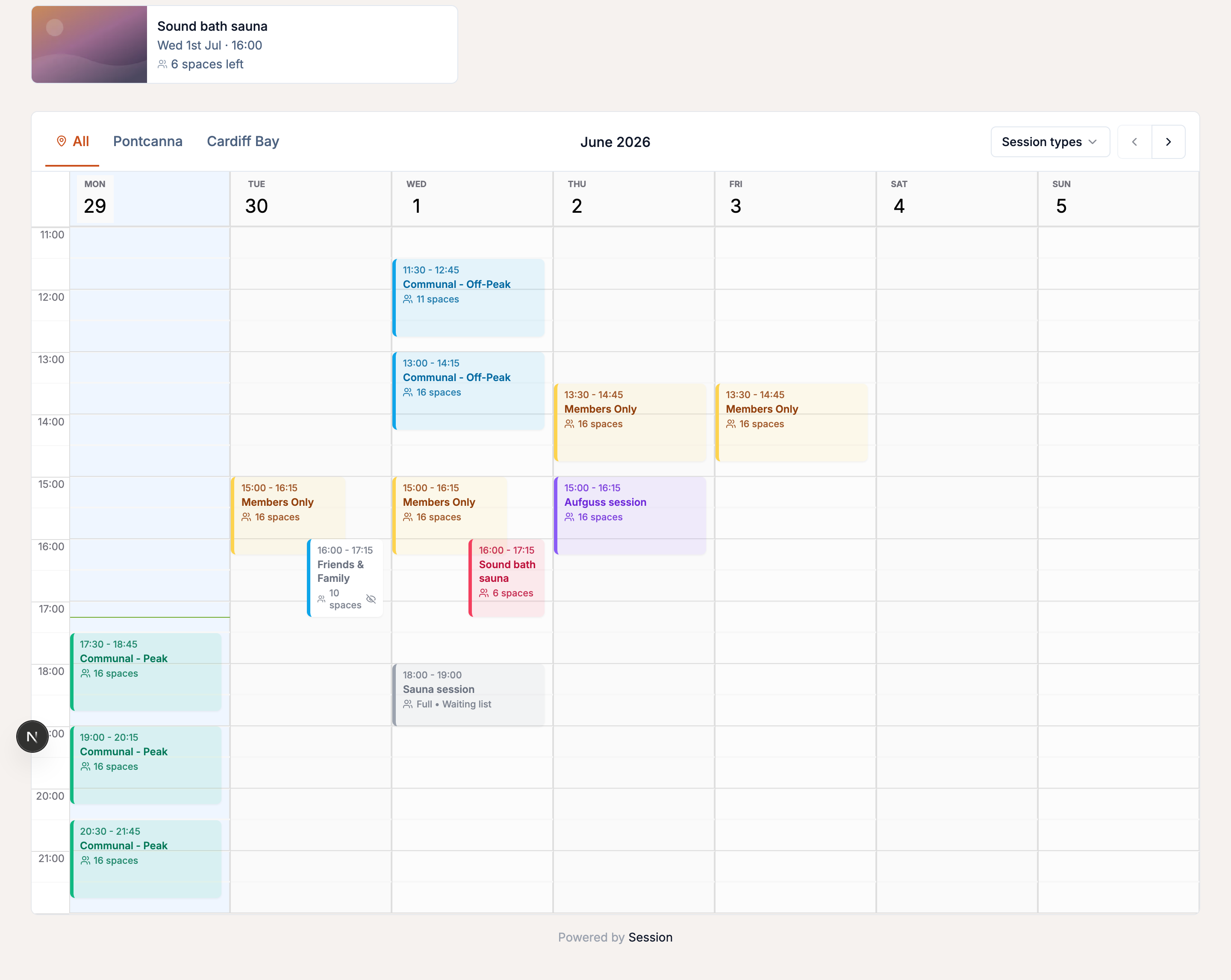The public booking page showing a week of sessions with available spaces and prices.